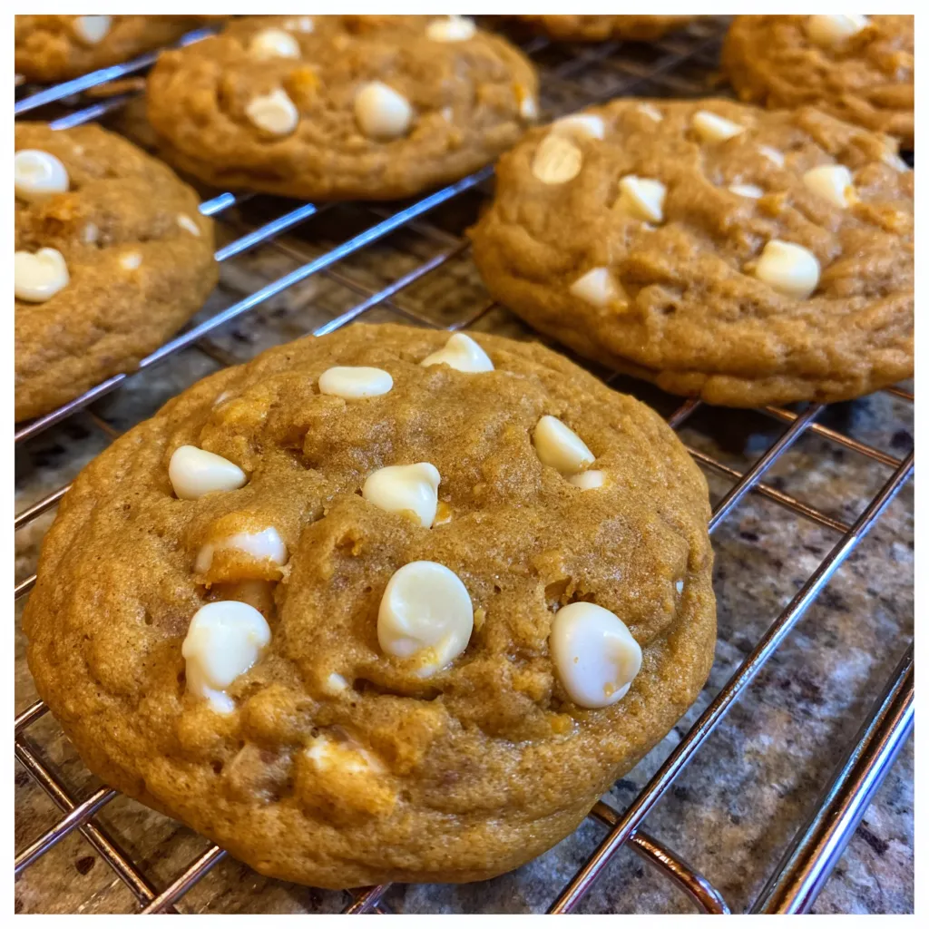 Pumpkin white chocolate chip cookies cooling on parchment paper.