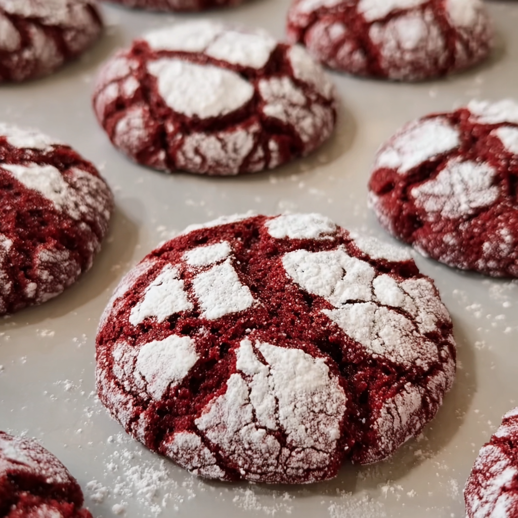 Red velvet crinkle cookies coated in powdered sugar
