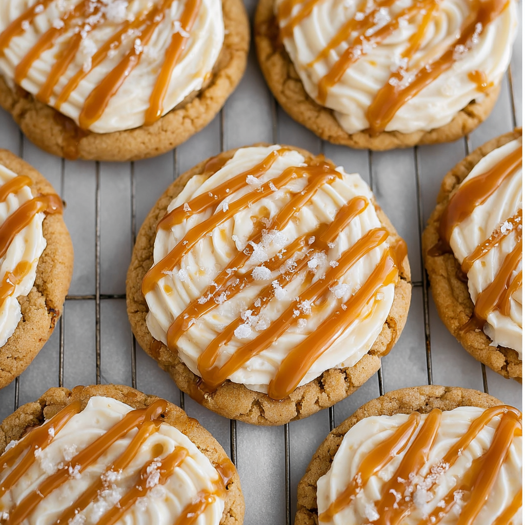 Tray of golden cookies topped with cheesecake and caramel