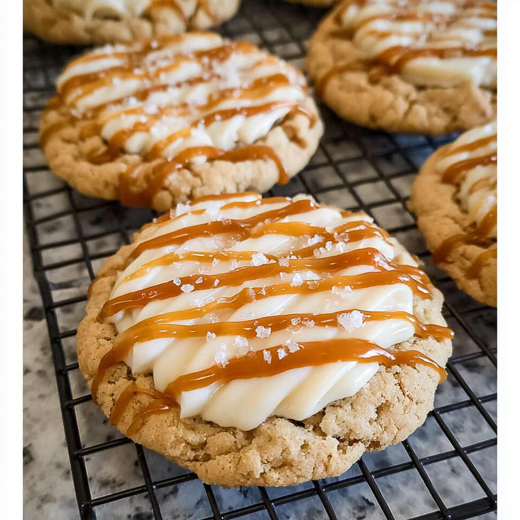 Stack of salted caramel cheesecake cookies on a plate