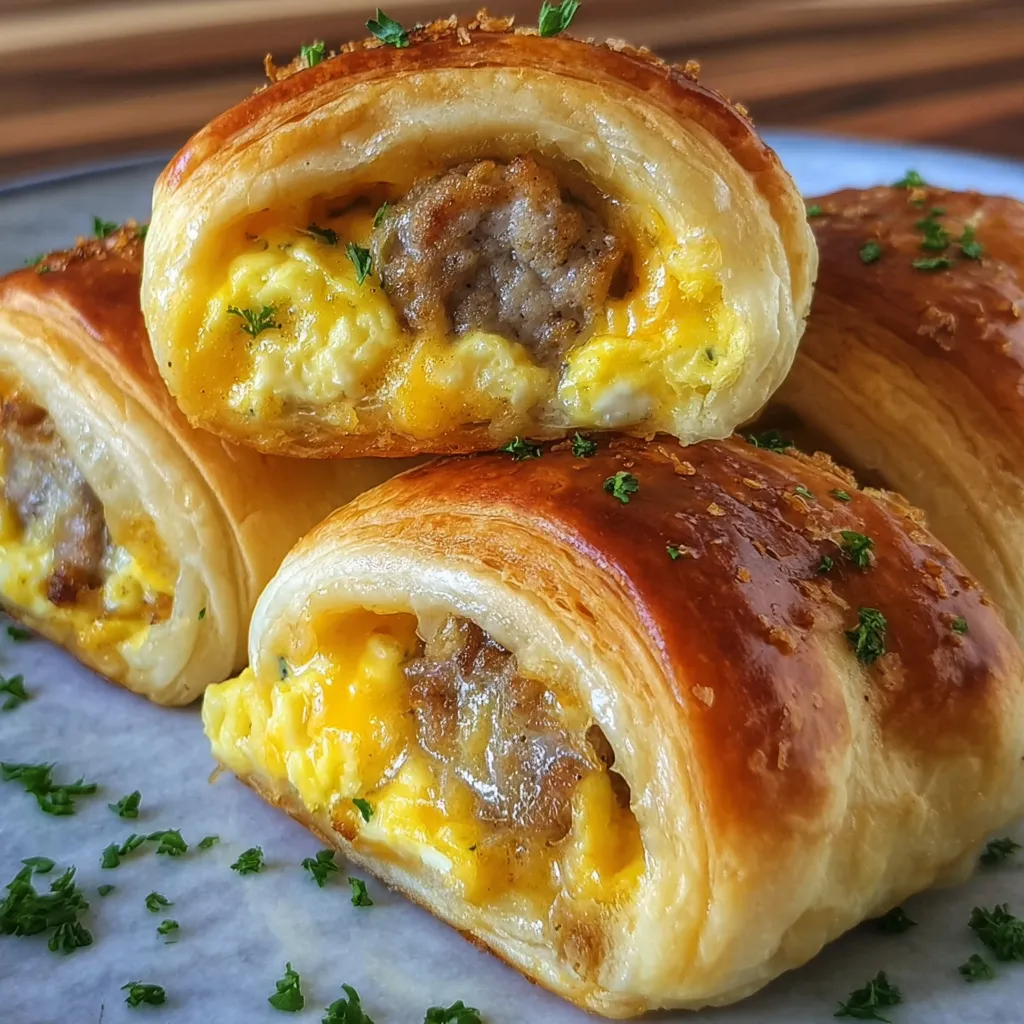 Close-up of roll showing scrambled egg, sausage, and melted cheese inside.
