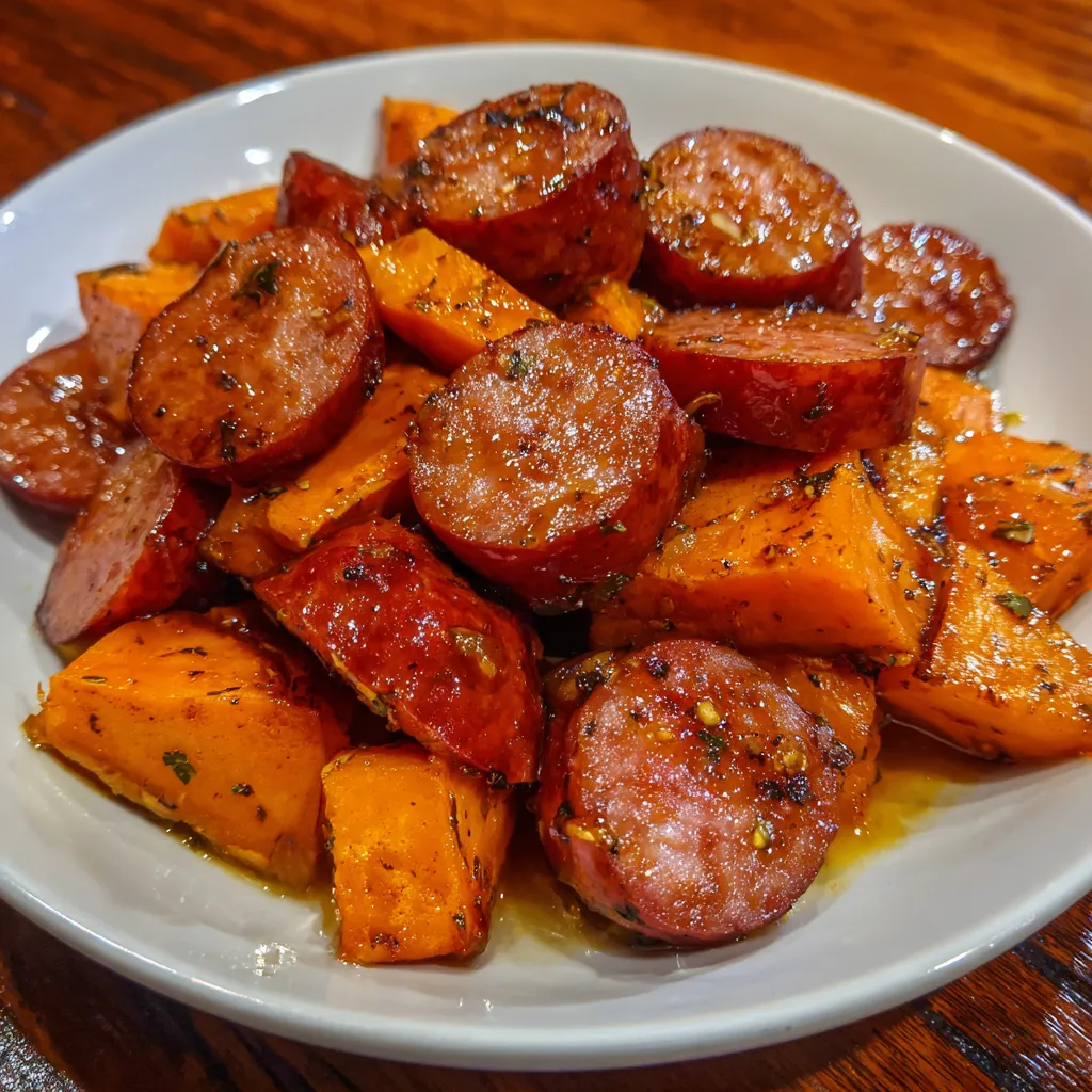 Close-up of glazed sausage and caramelized sweet potatoes.
