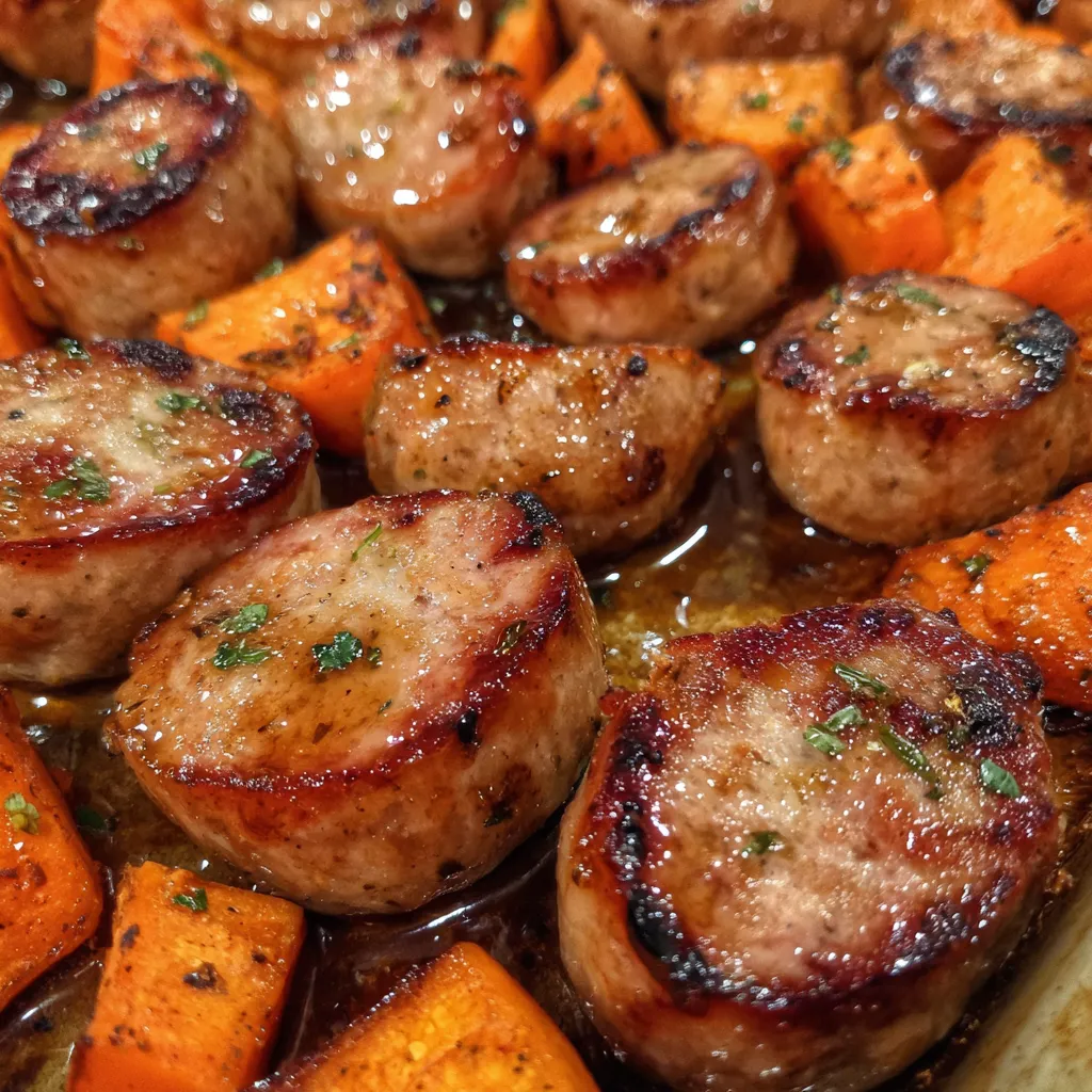 Plate of sausage and sweet potato medley with parsley garnish.