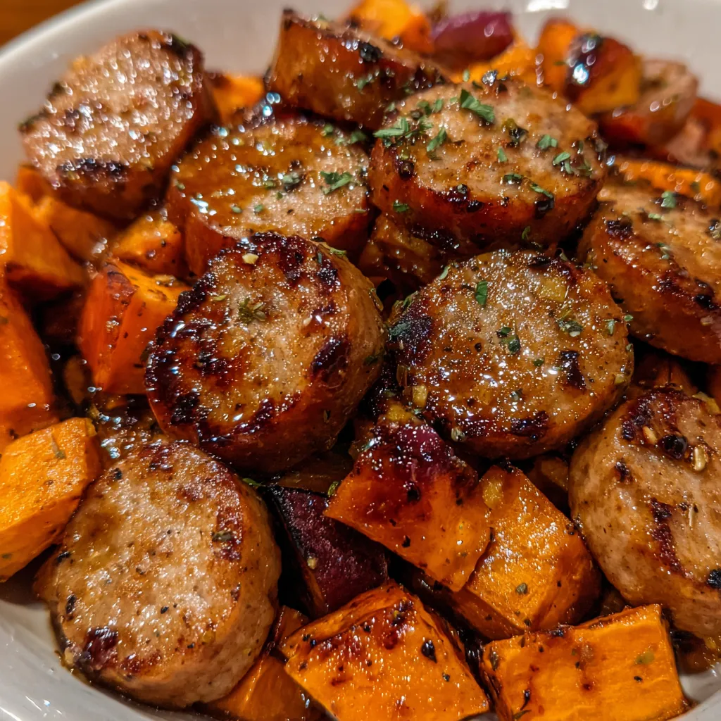 Forkful of sausage and sweet potato drizzled with honey glaze.