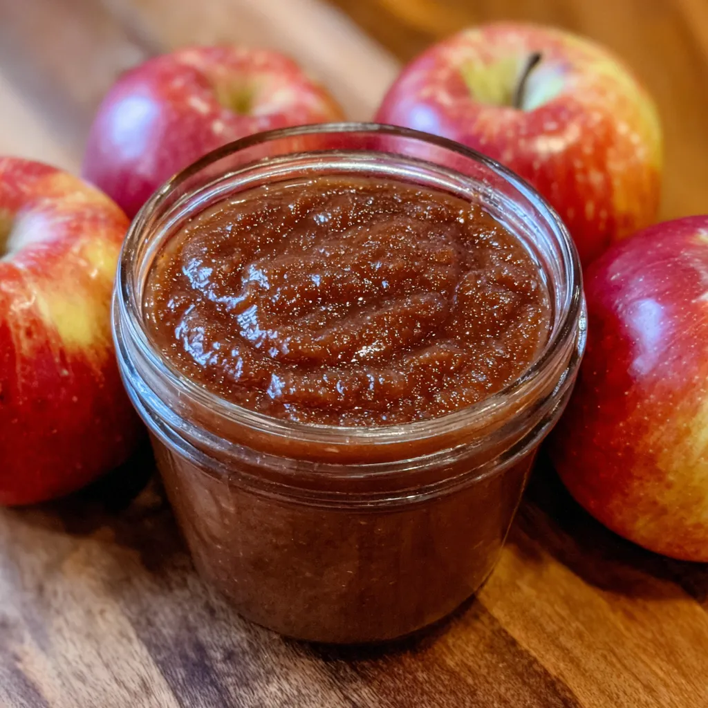 Jar of homemade apple butter with a spoon resting on top.