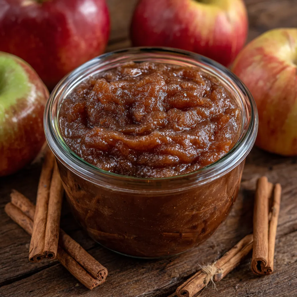 Close-up of smooth apple butter spread on toast beside fresh apples.