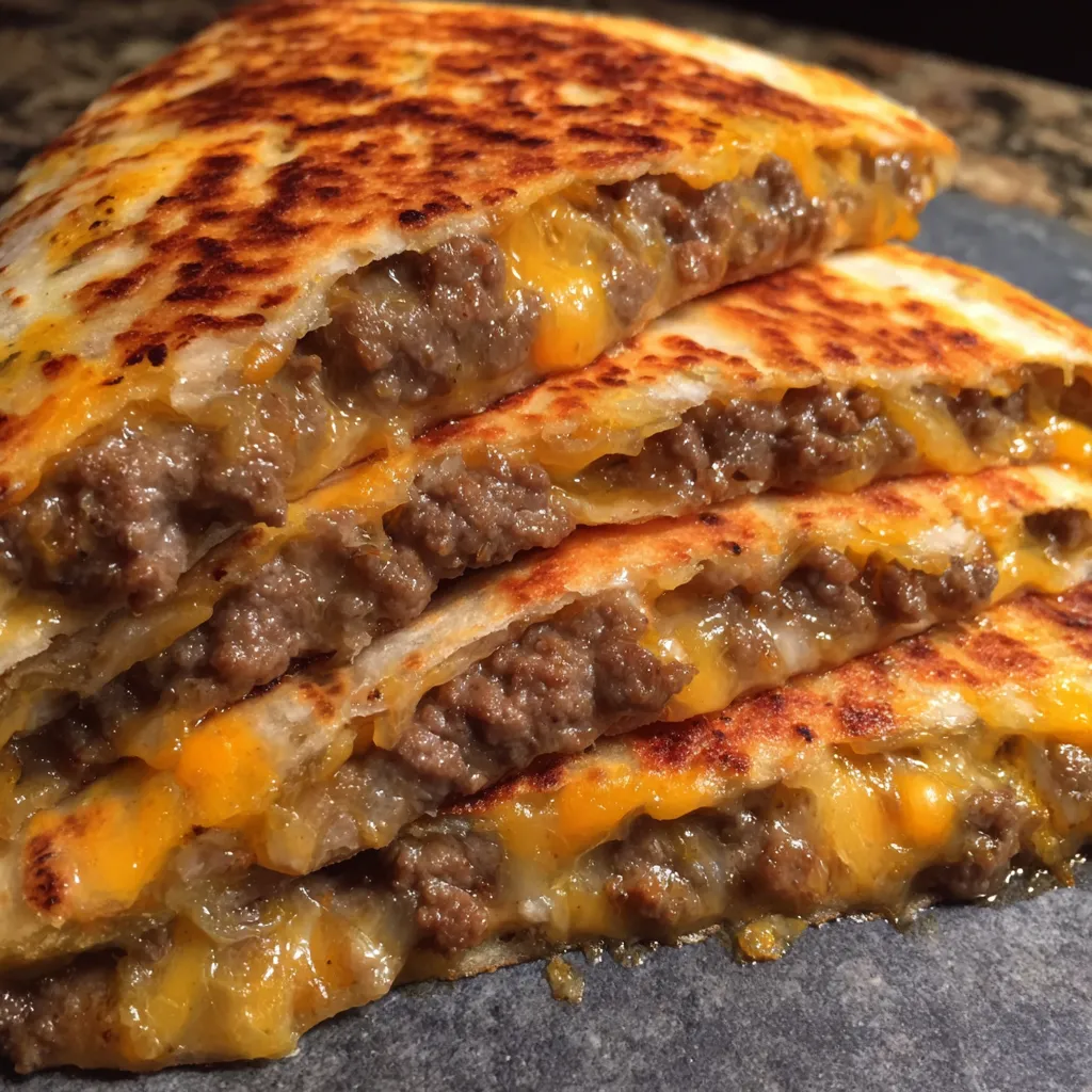 Skillet of smashburger quesadillas cooking until golden brown.