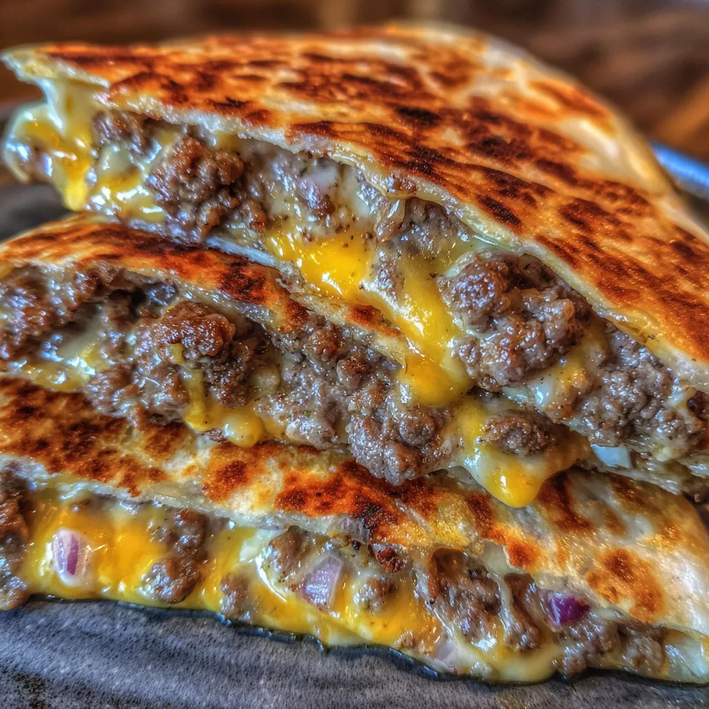 Close-up of golden quesadilla showing beef, cheese, and pickles inside.