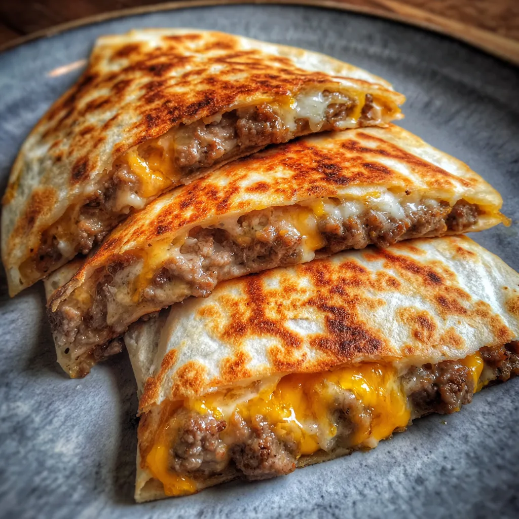 Smashburger quesadilla cut into triangles with melted cheese oozing out.
