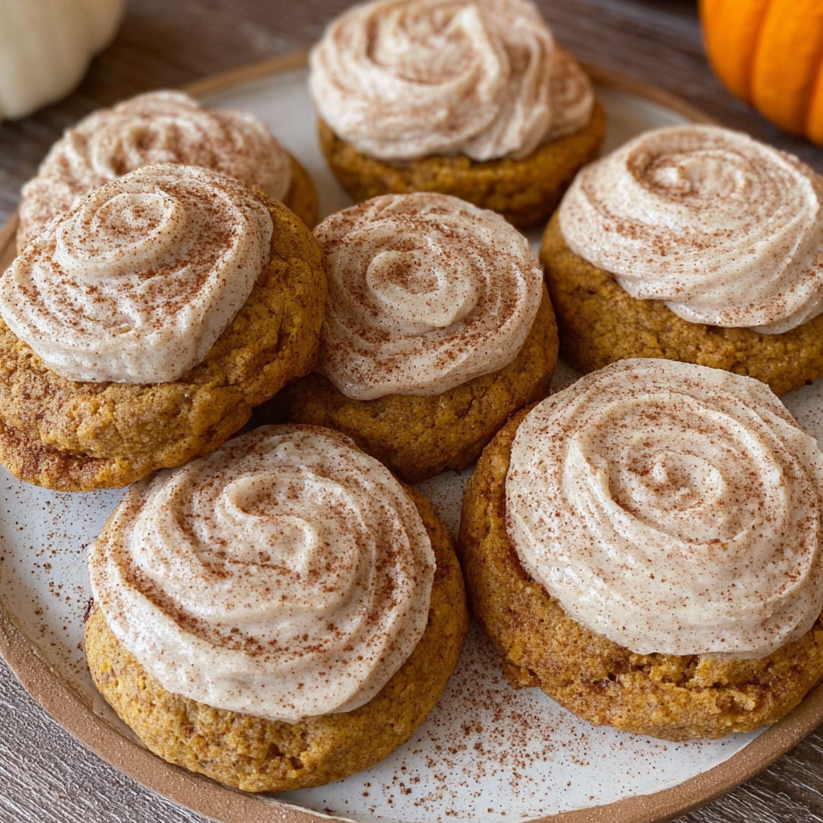 Close-up of pumpkin cookie with thick cinnamon frosting