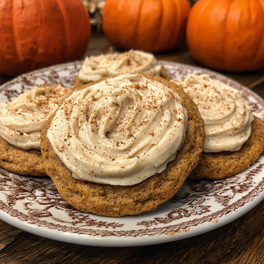 Soft pumpkin cookies topped with cinnamon frosting