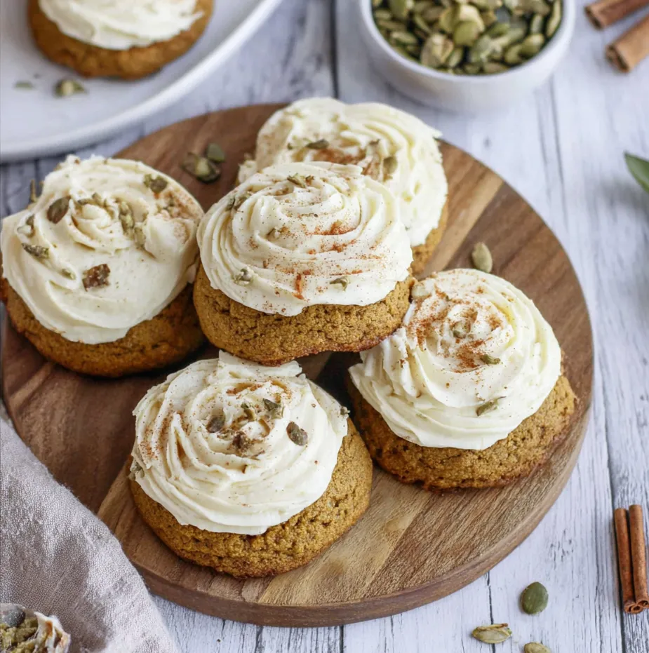 Plate of pumpkin cookies with frosting and cinnamon dusting