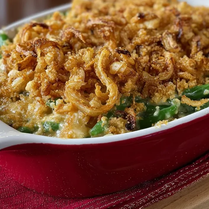 Southern green bean casserole baked with golden crispy onions