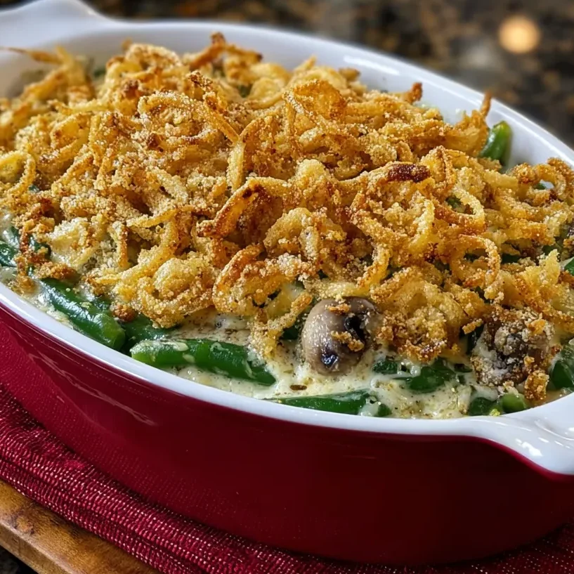 Creamy green bean casserole in a white baking dish