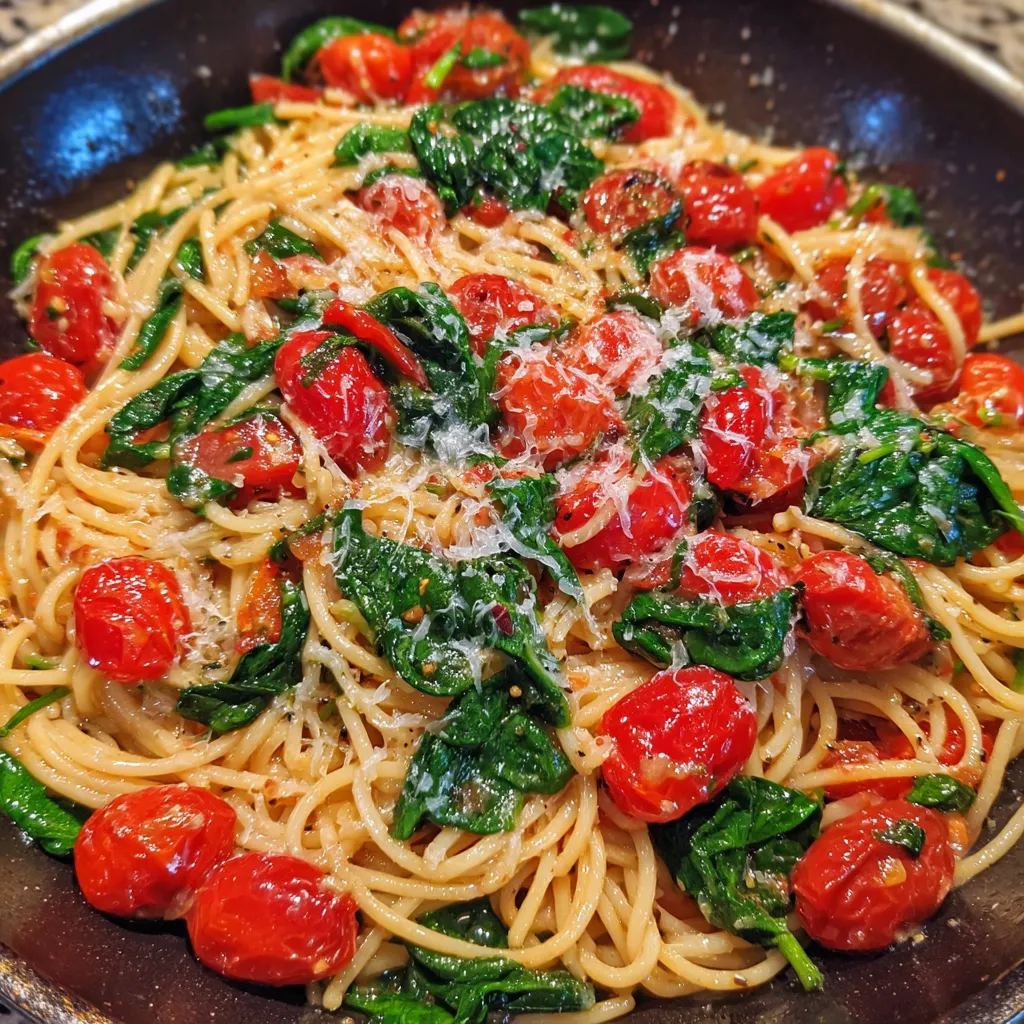 Bowl of spinach tomato pasta garnished with Parmesan and basil.