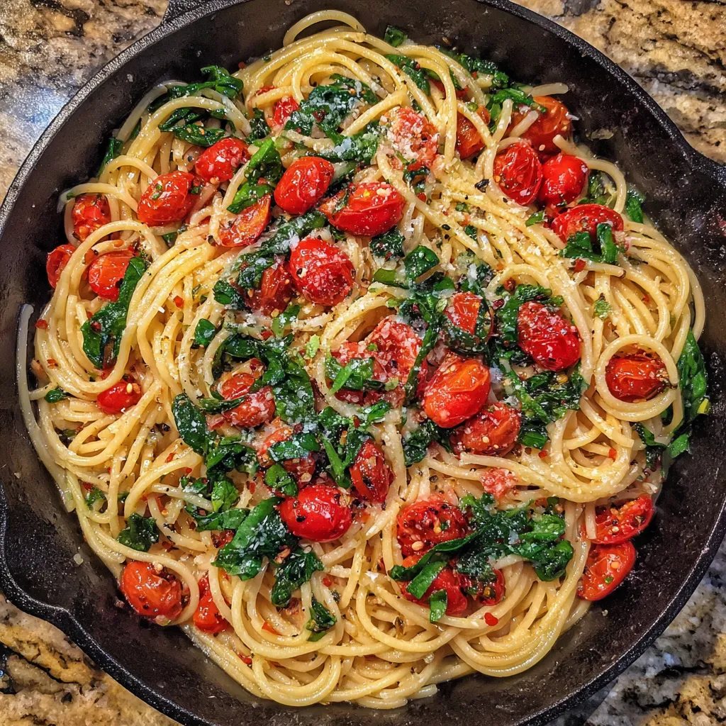 Close-up of pasta coated in olive oil with juicy tomatoes and wilted spinach.