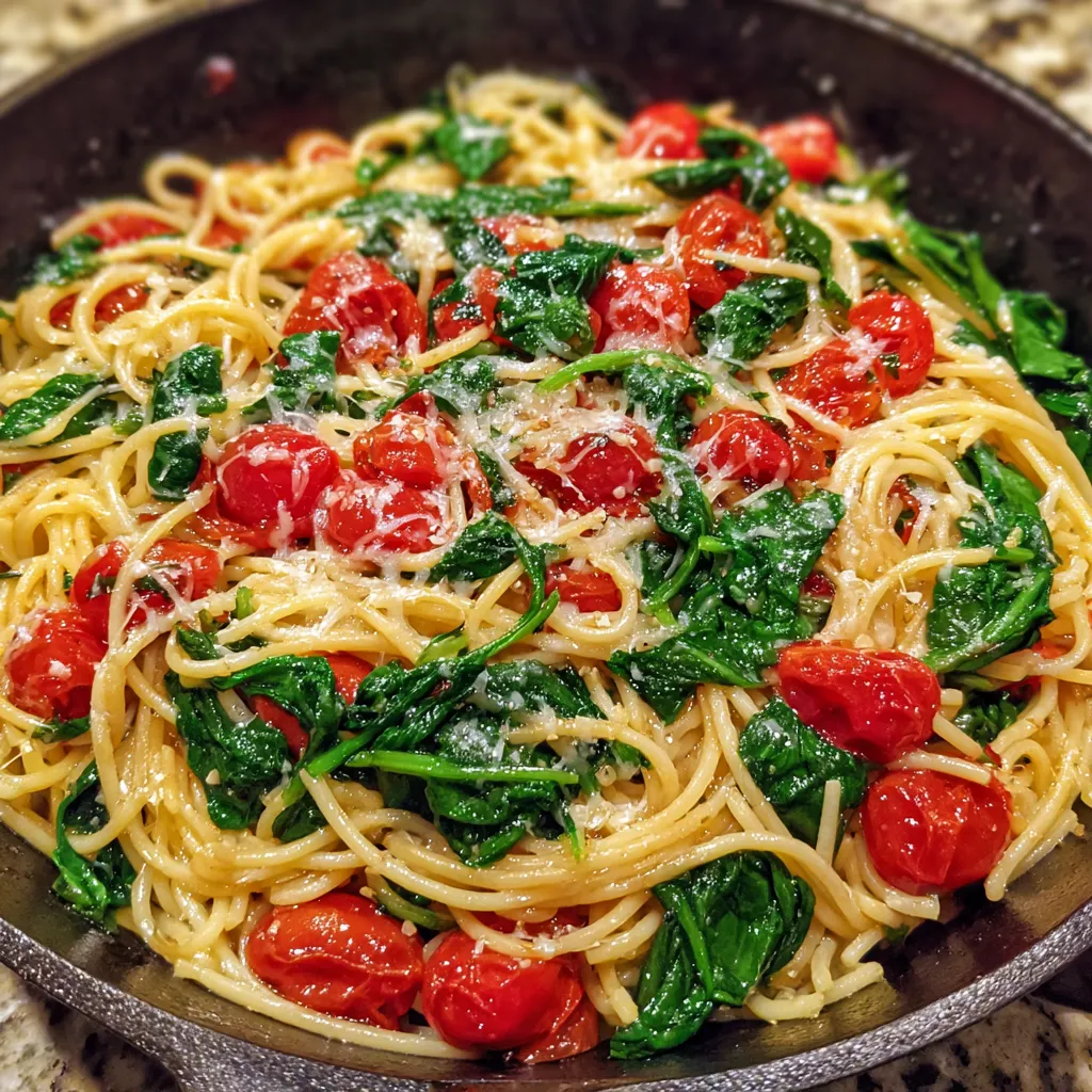 Skillet of pasta with garlic, spinach, and tomatoes tossed together.