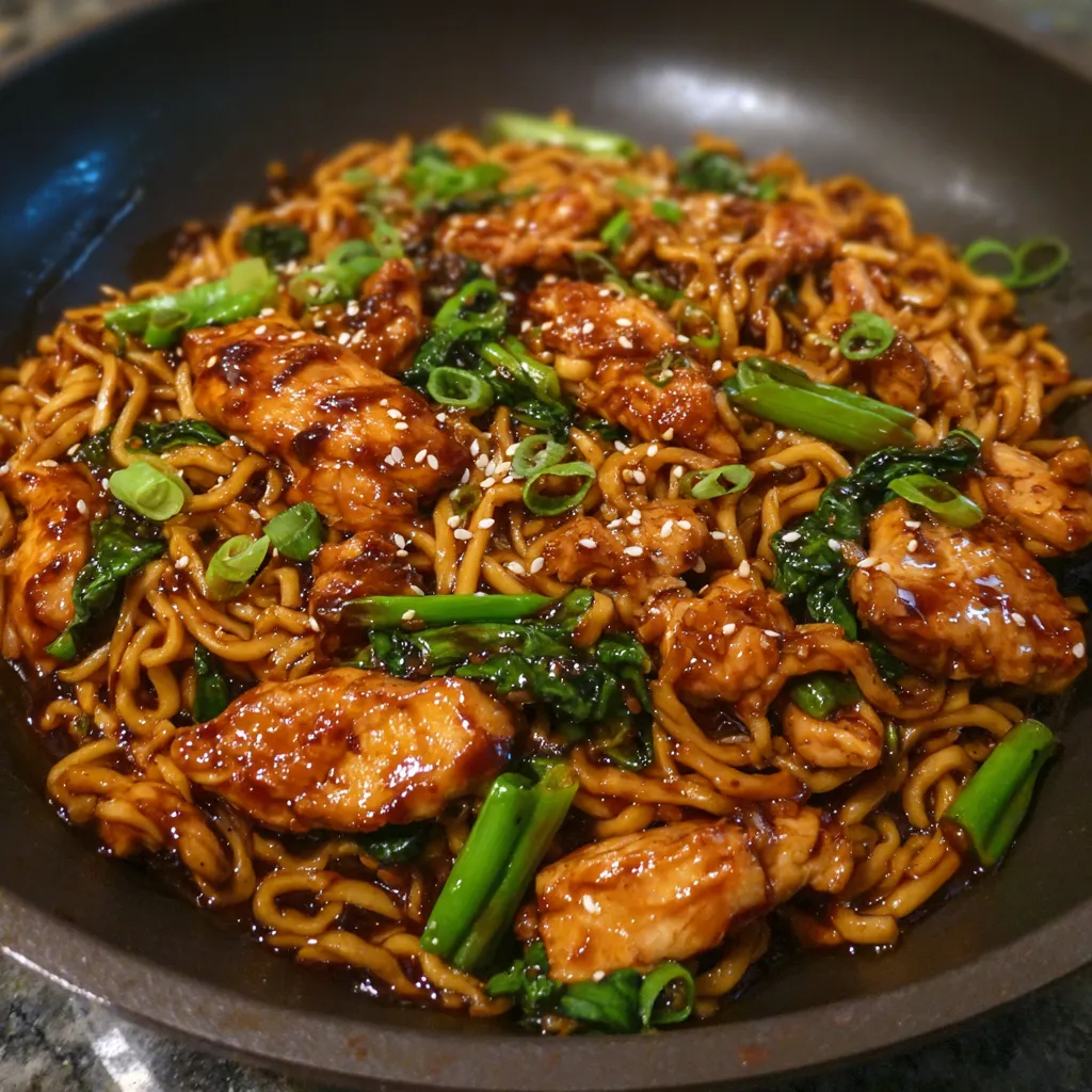 Chopsticks lifting noodles coated in glossy garlic sauce with chicken pieces.