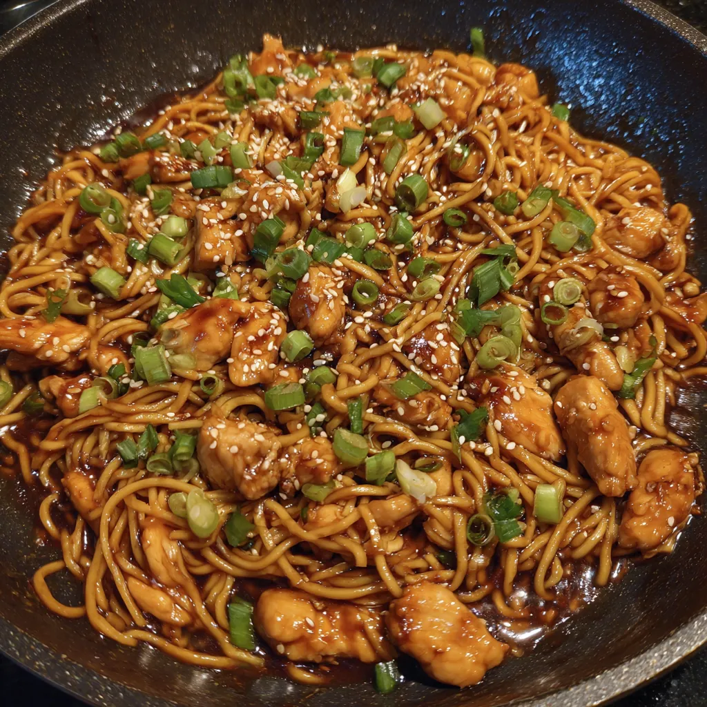 Bowl of sticky garlic chicken noodles topped with sesame seeds and green onions.