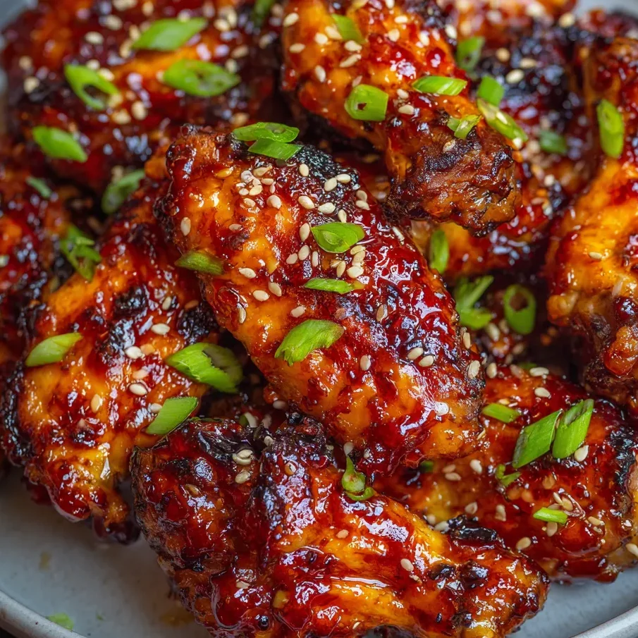 Chicken wings coated in teriyaki glaze and topped with green onions