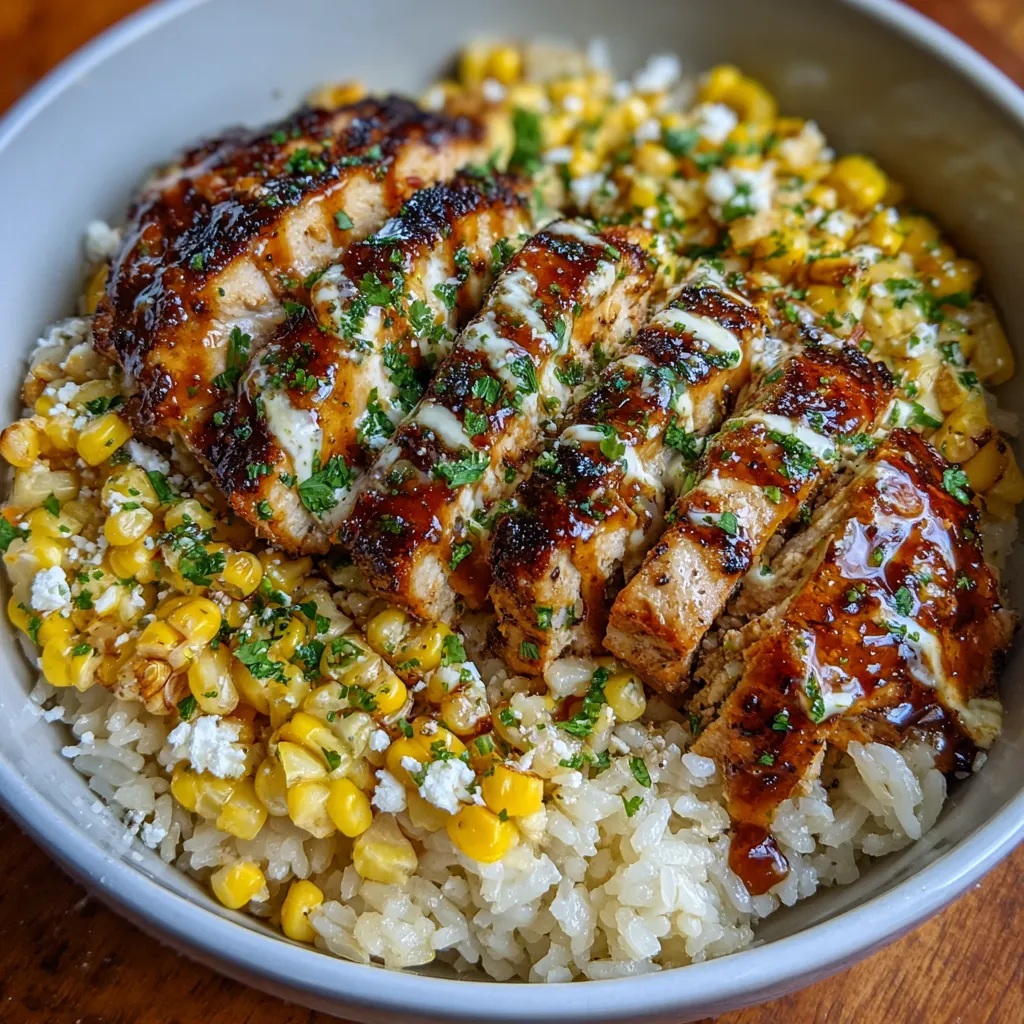 Close-up of charred corn and sliced chicken over fluffy rice.