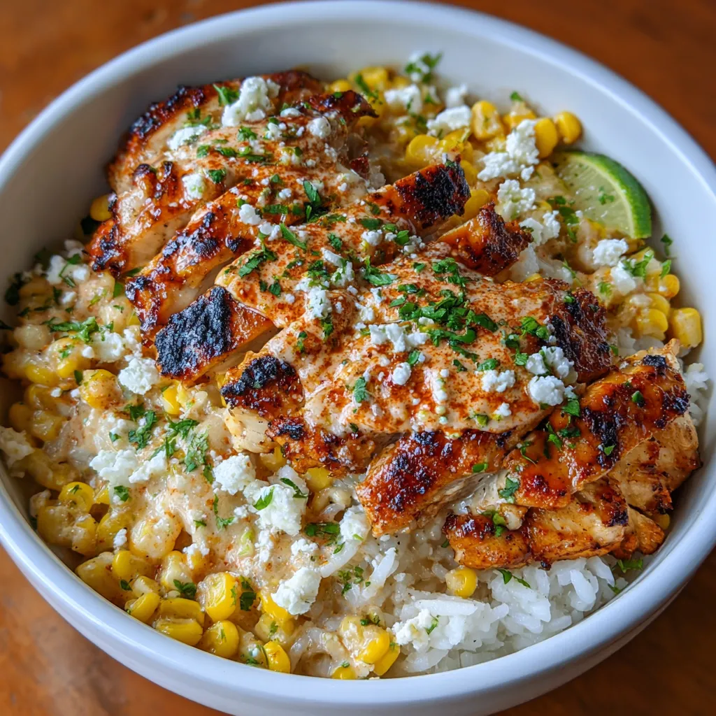 Bowl of street corn chicken rice topped with cotija cheese and cilantro.