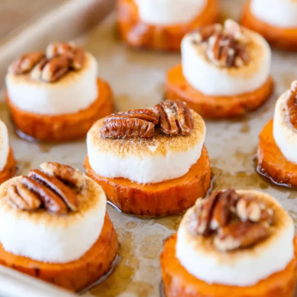 Close-up of sweet potato bites with gooey marshmallows