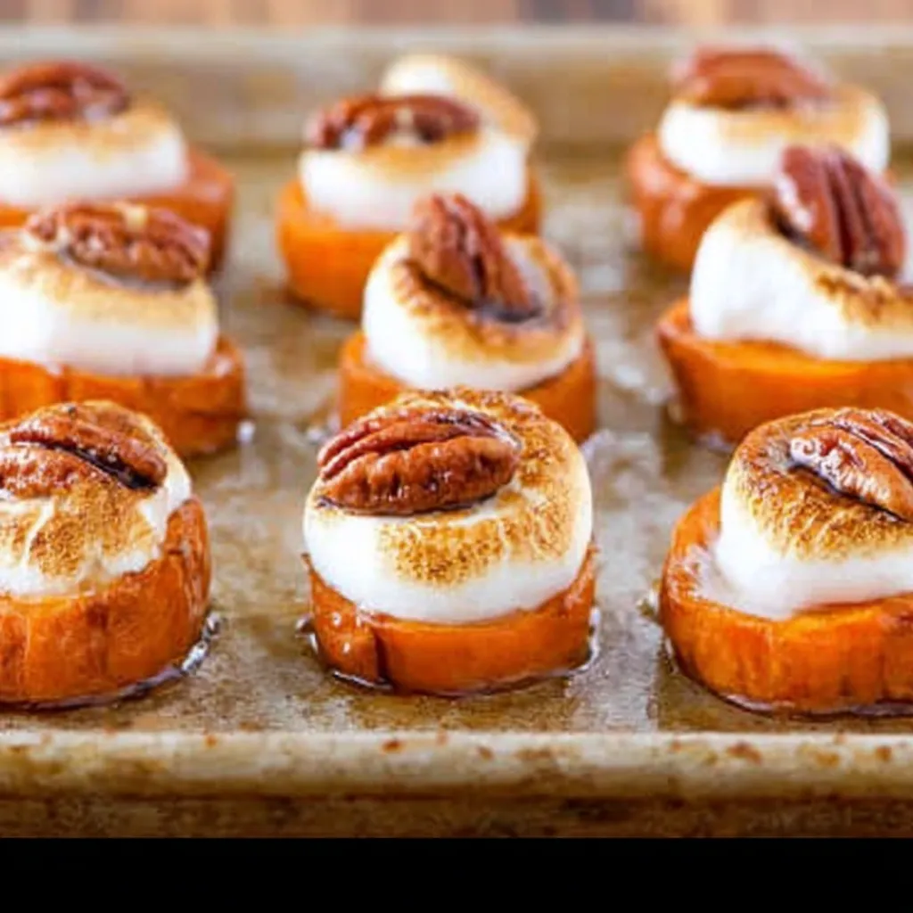 Sweet potato rounds topped with marshmallows and pecans