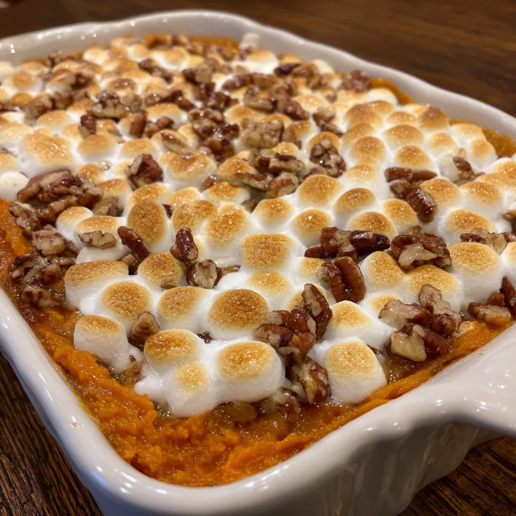 Scoop of sweet potato casserole showing fluffy texture