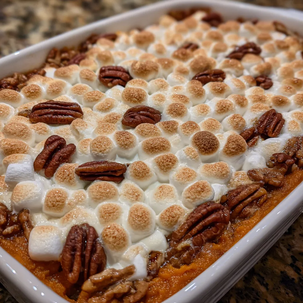 Baking dish of sweet potato casserole with pecans and marshmallows