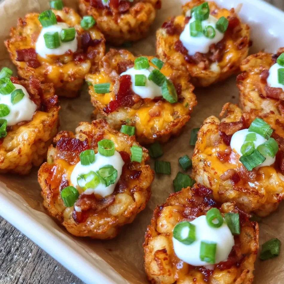 Close-up of golden tater tots topped with gooey cheese and turkey bacon bits.