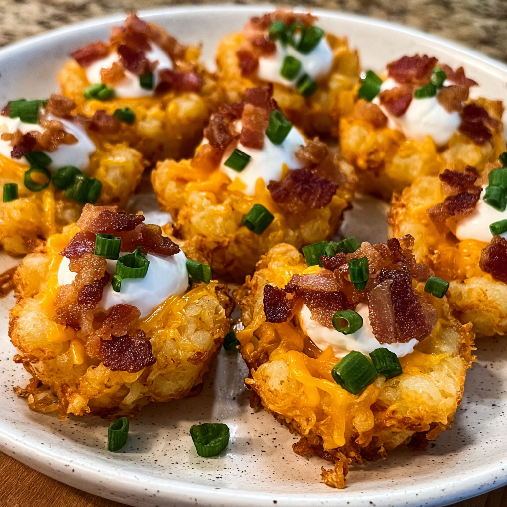 Plate of loaded tater tots arranged with dipping sauce