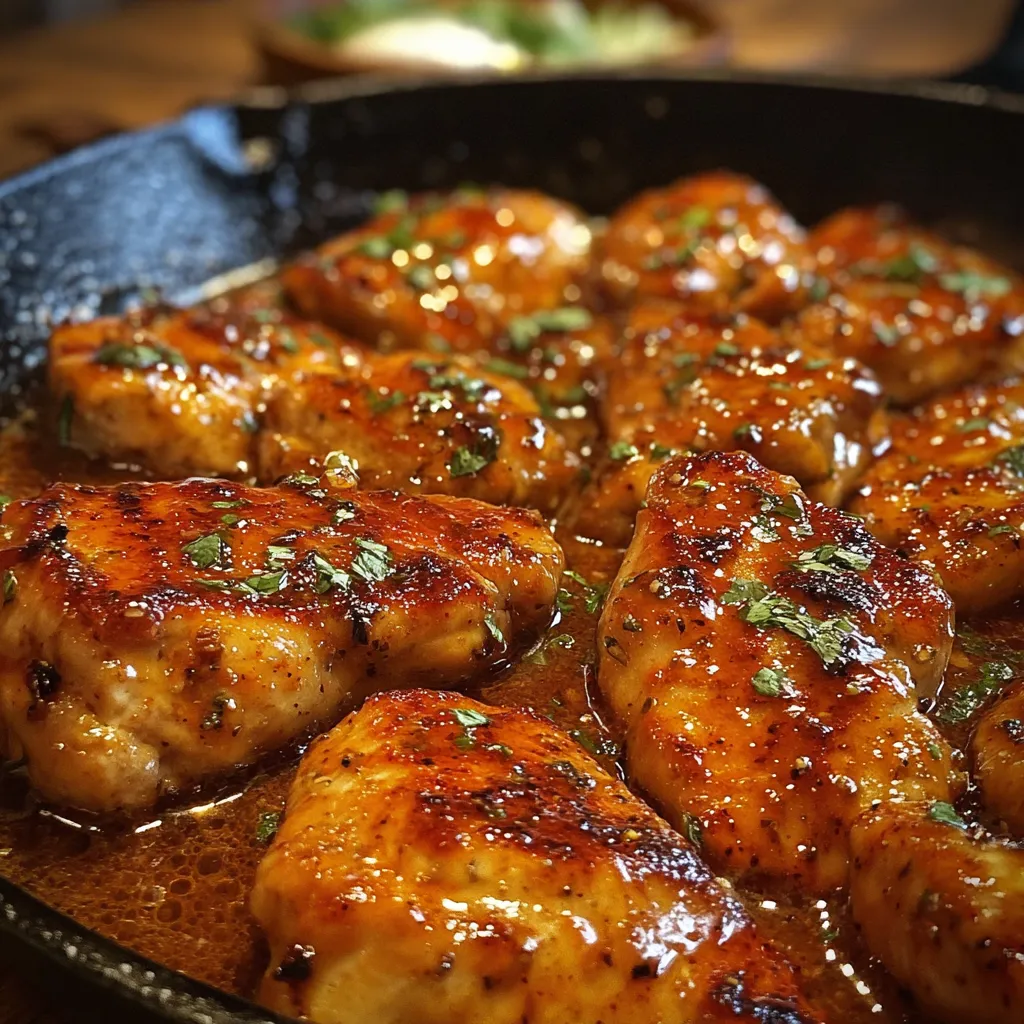 Close-up of golden chicken breasts glazed in glossy butter sauce.