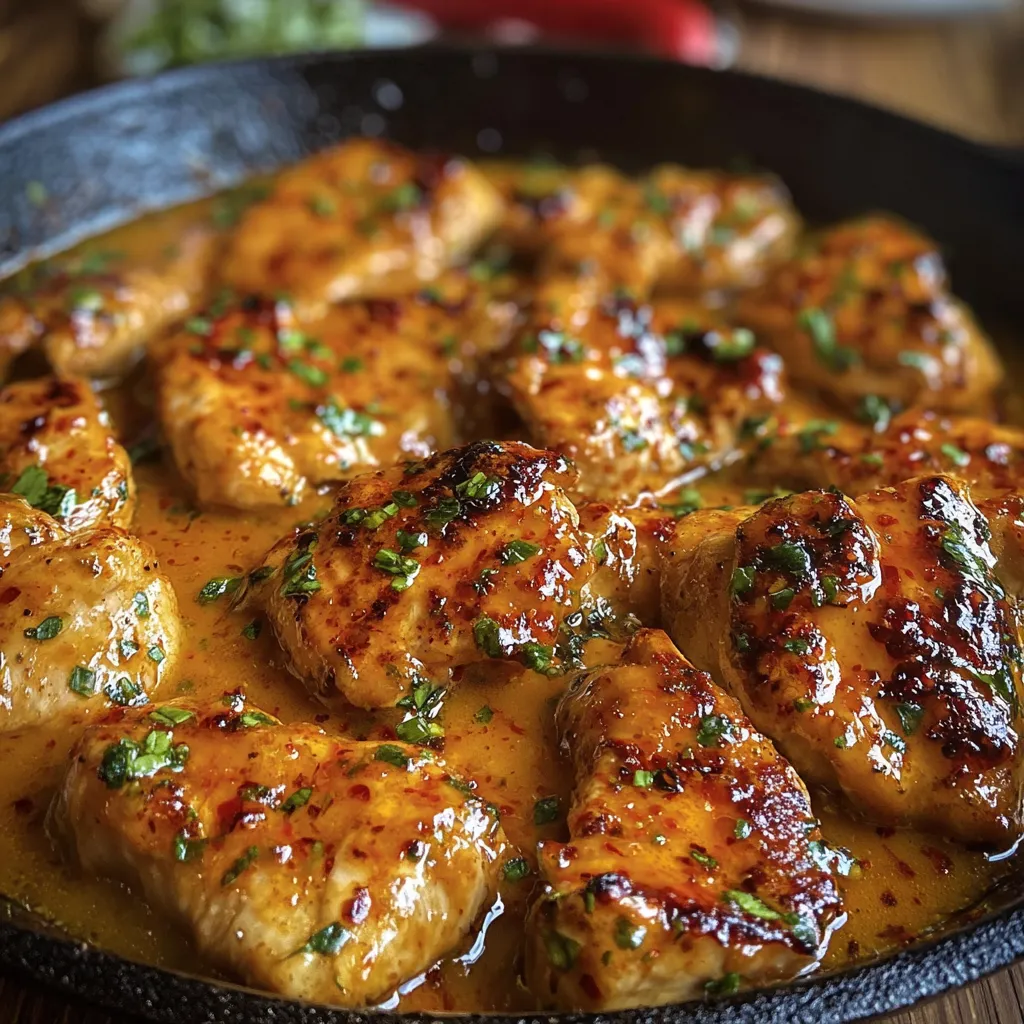 Spoon drizzling golden butter sauce over chicken in skillet.