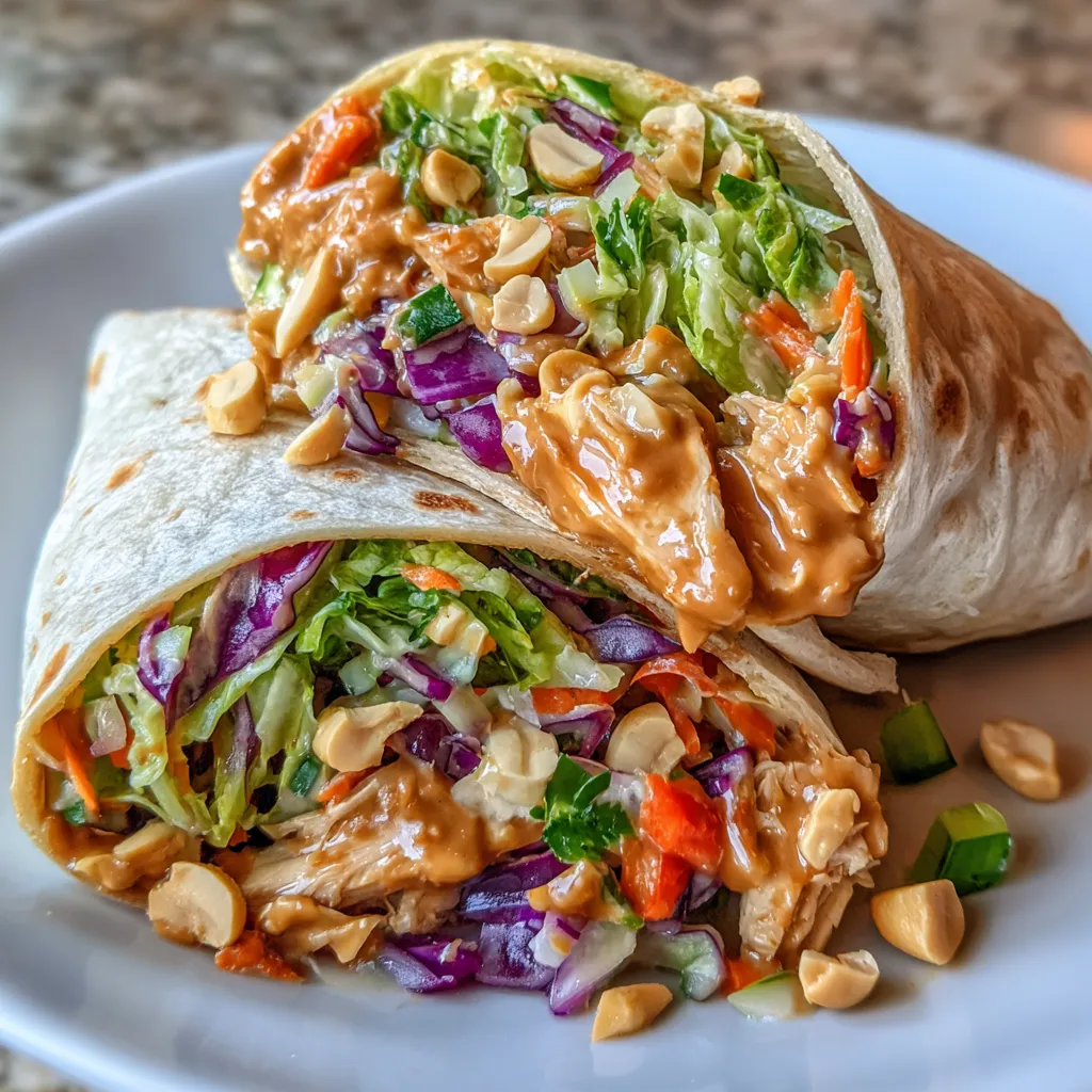 Wrap halves stacked on parchment with extra peanut sauce on the side.