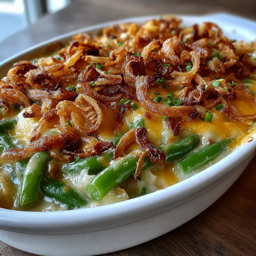 Close-up of golden casserole with potatoes and green beans