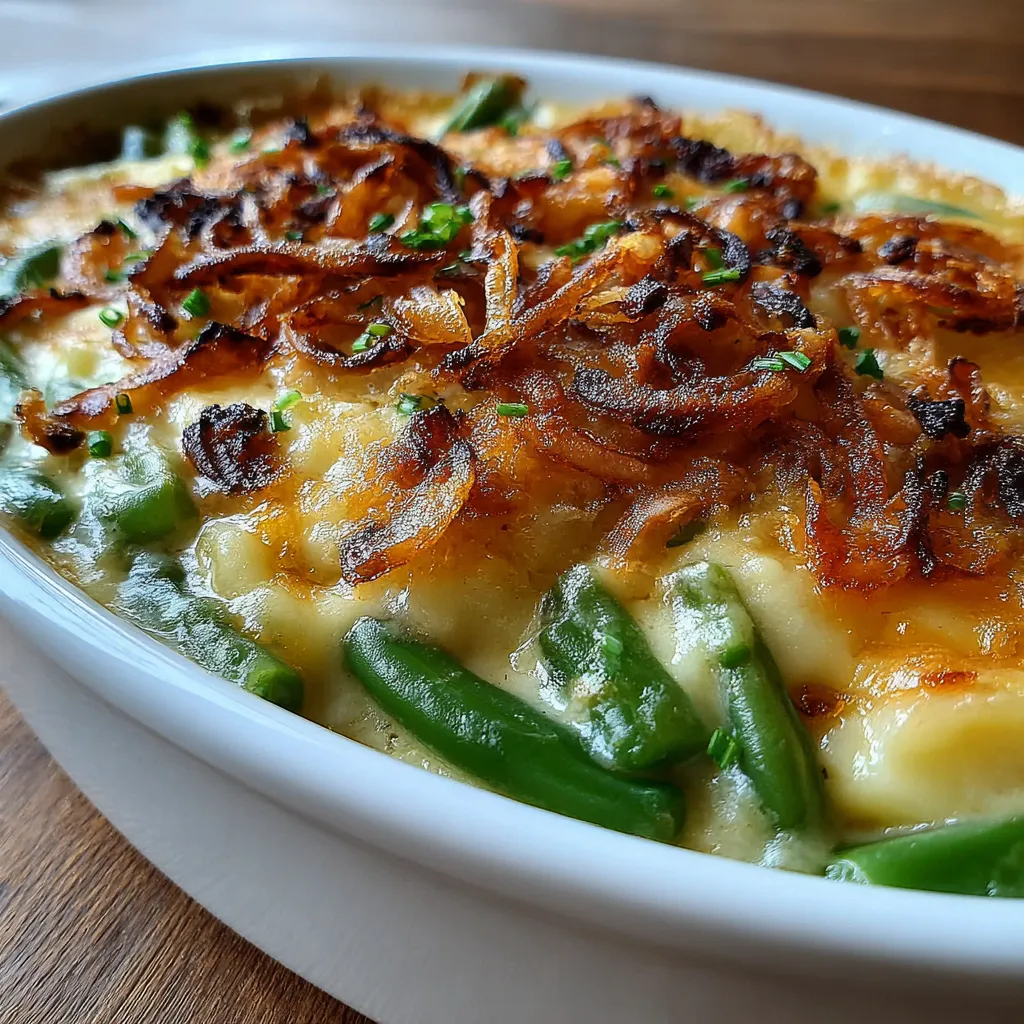 Sliced potatoes and green beans in creamy sauce with crispy topping