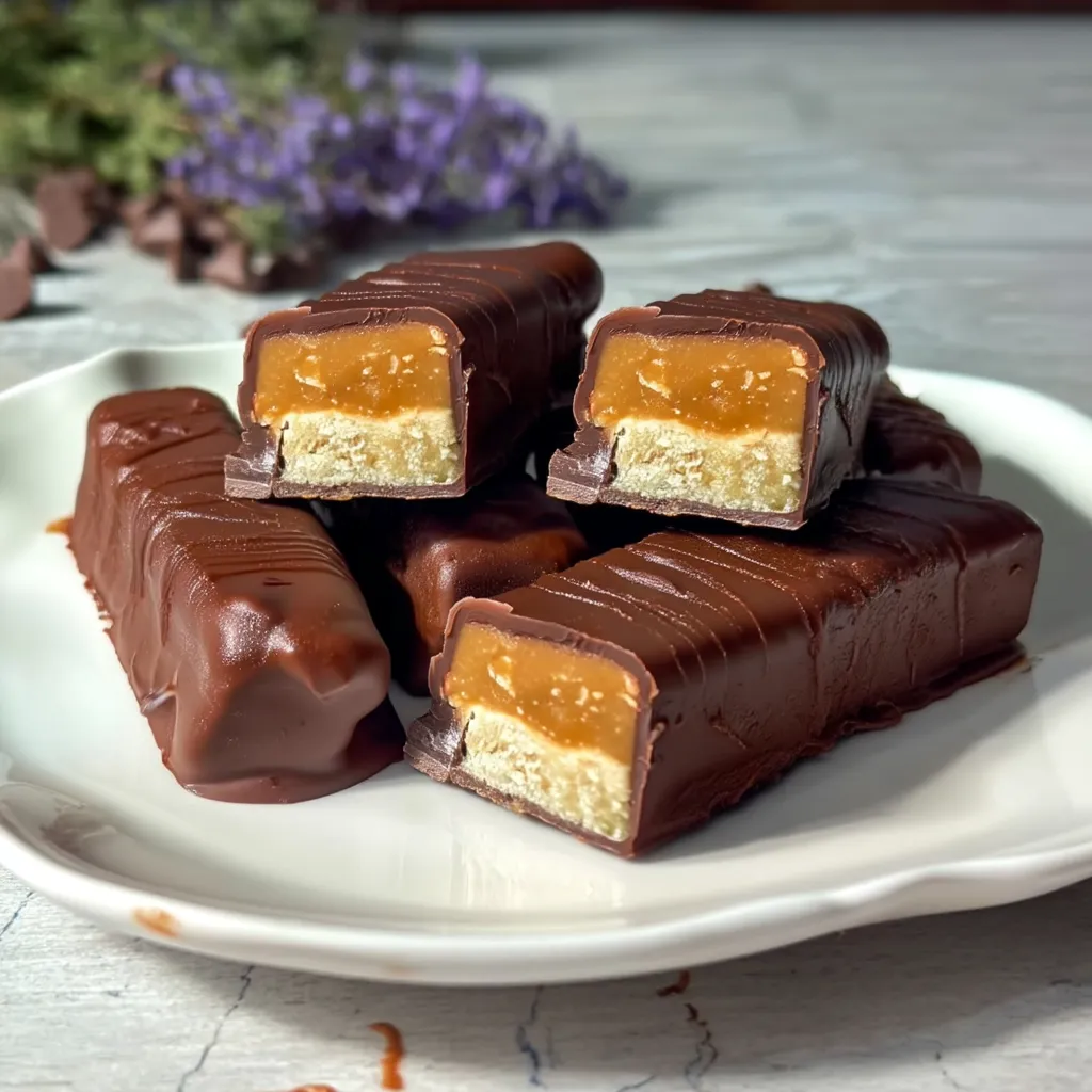 Stack of homemade Twix bars showing layers of cookie, caramel, and chocolate.