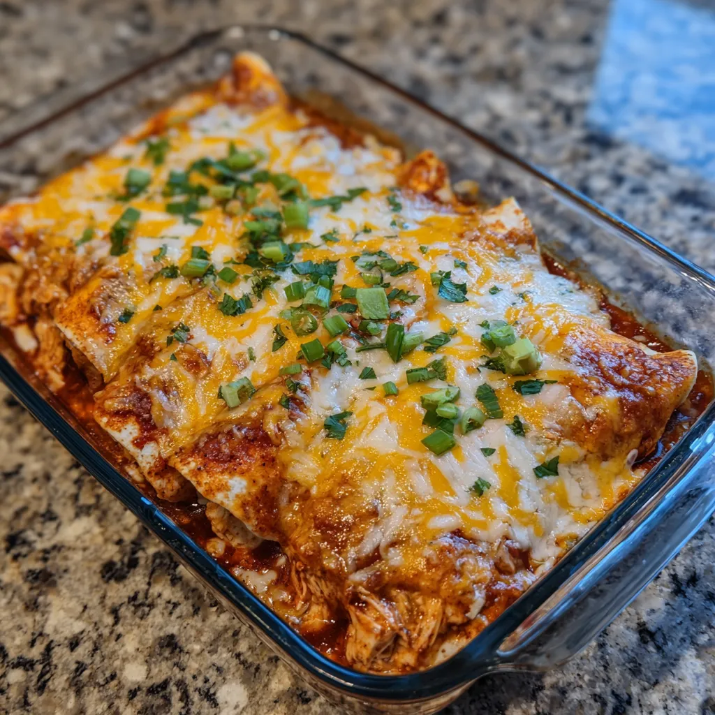 Skillet of enchilada filling with shredded chicken and spices.