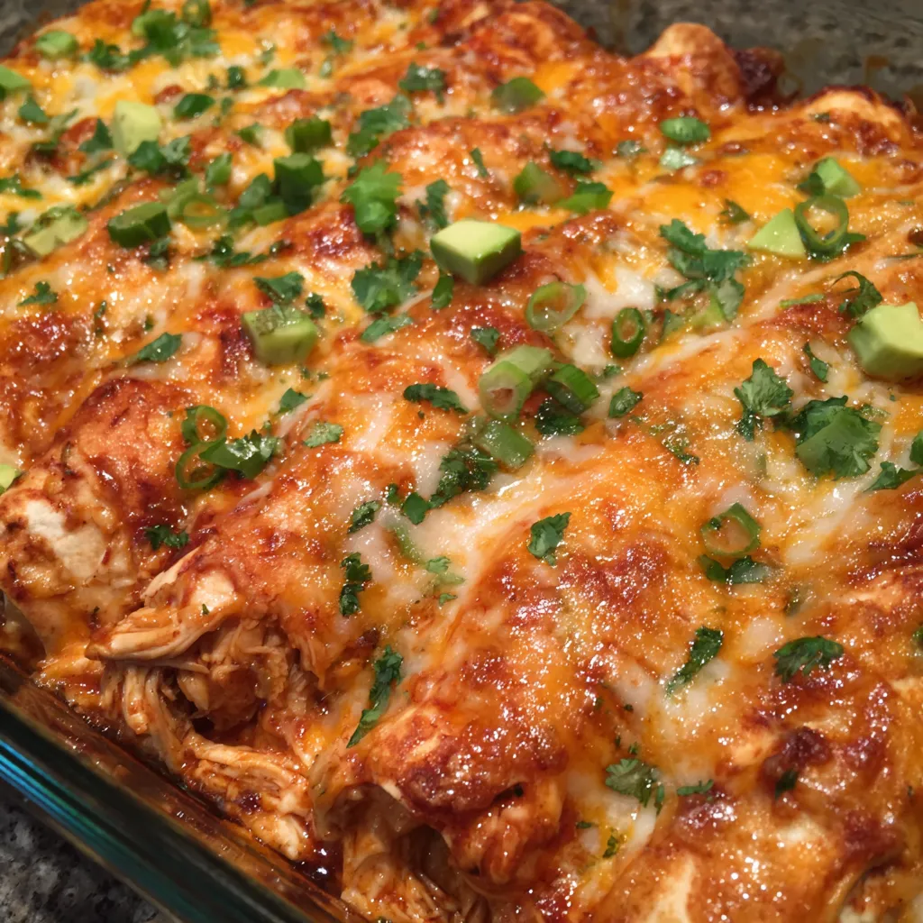 Baking dish of cheesy chicken enchiladas topped with cilantro and sauce.