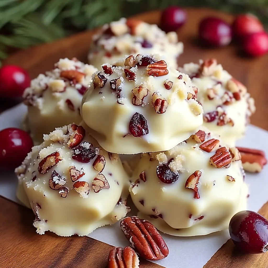 White chocolate cranberry pecan clusters on a holiday platter with festive décor.