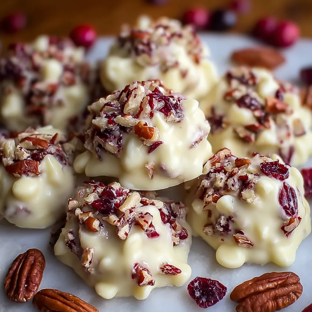 Close-up of clusters showing melted white chocolate, cranberries, and pecans.