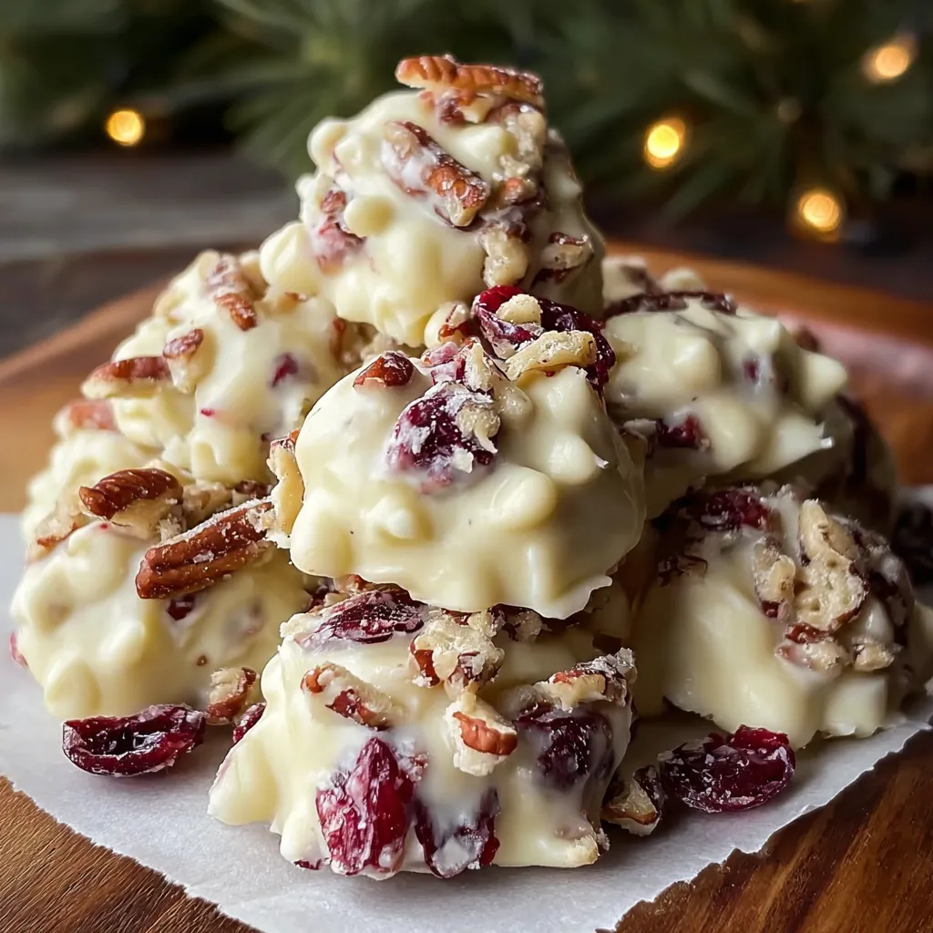 Gift box filled with white chocolate cranberry pecan clusters tied with a ribbon.
