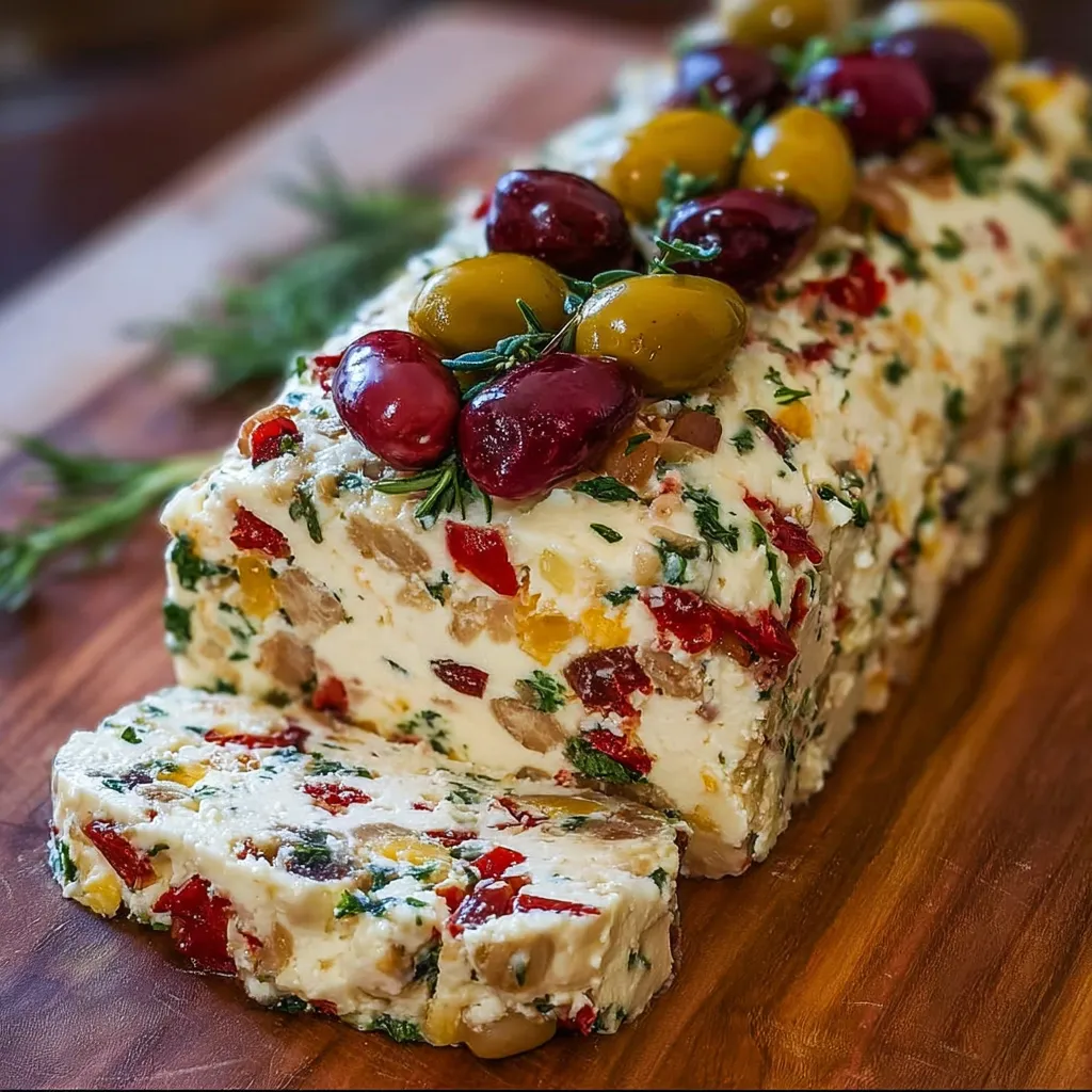 Close-up of sliced cream cheese log showing olives and tomatoes
