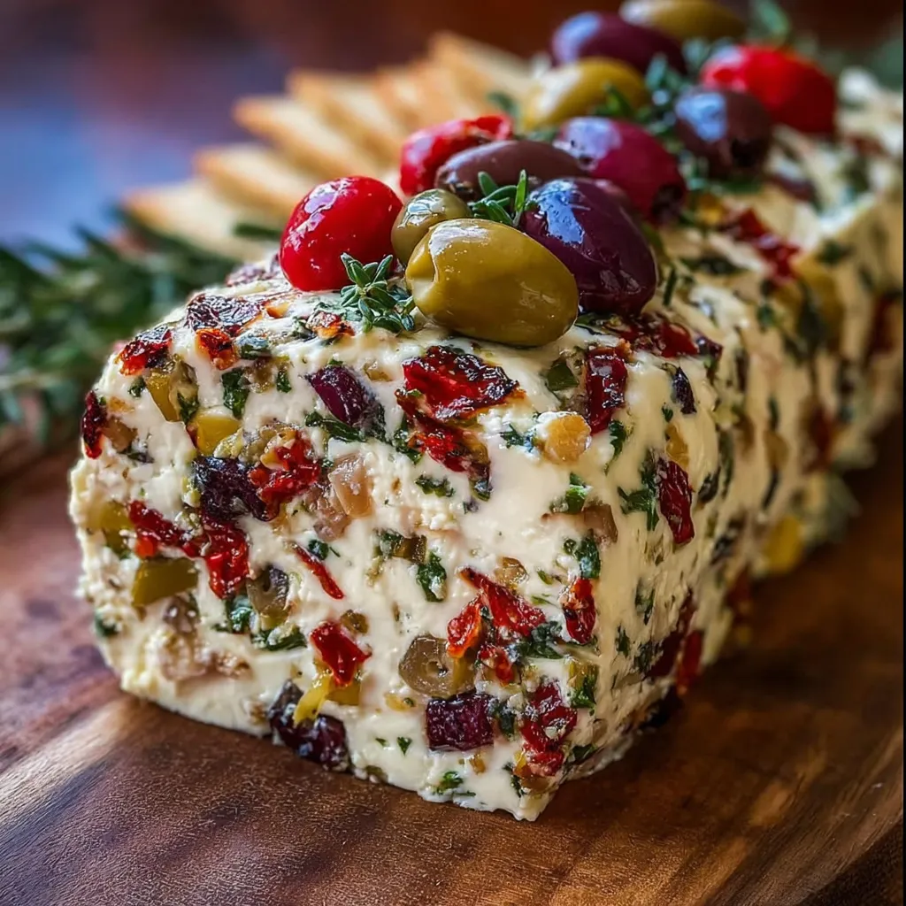 Holiday platter with antipasto cream cheese log and crackers