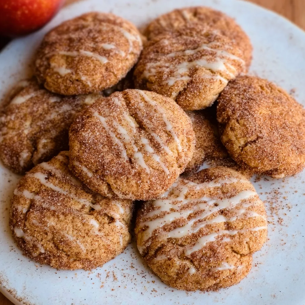 Plate of apple cider cookies with apples and cinnamon sticks