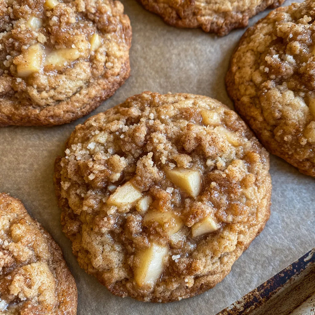 Apple crumb cookies with golden topping on parchment