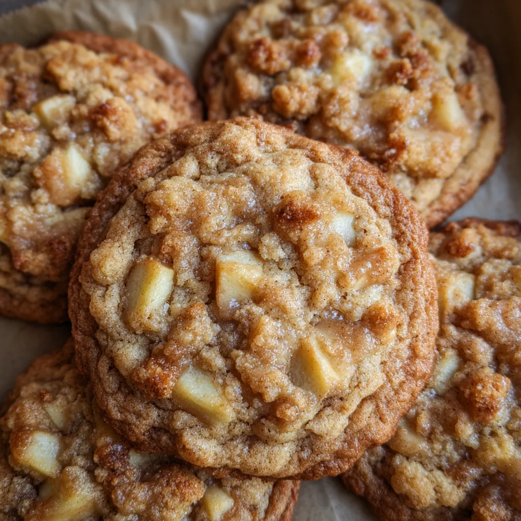 Plate of apple crumb cookies with apples and cinnamon sticks