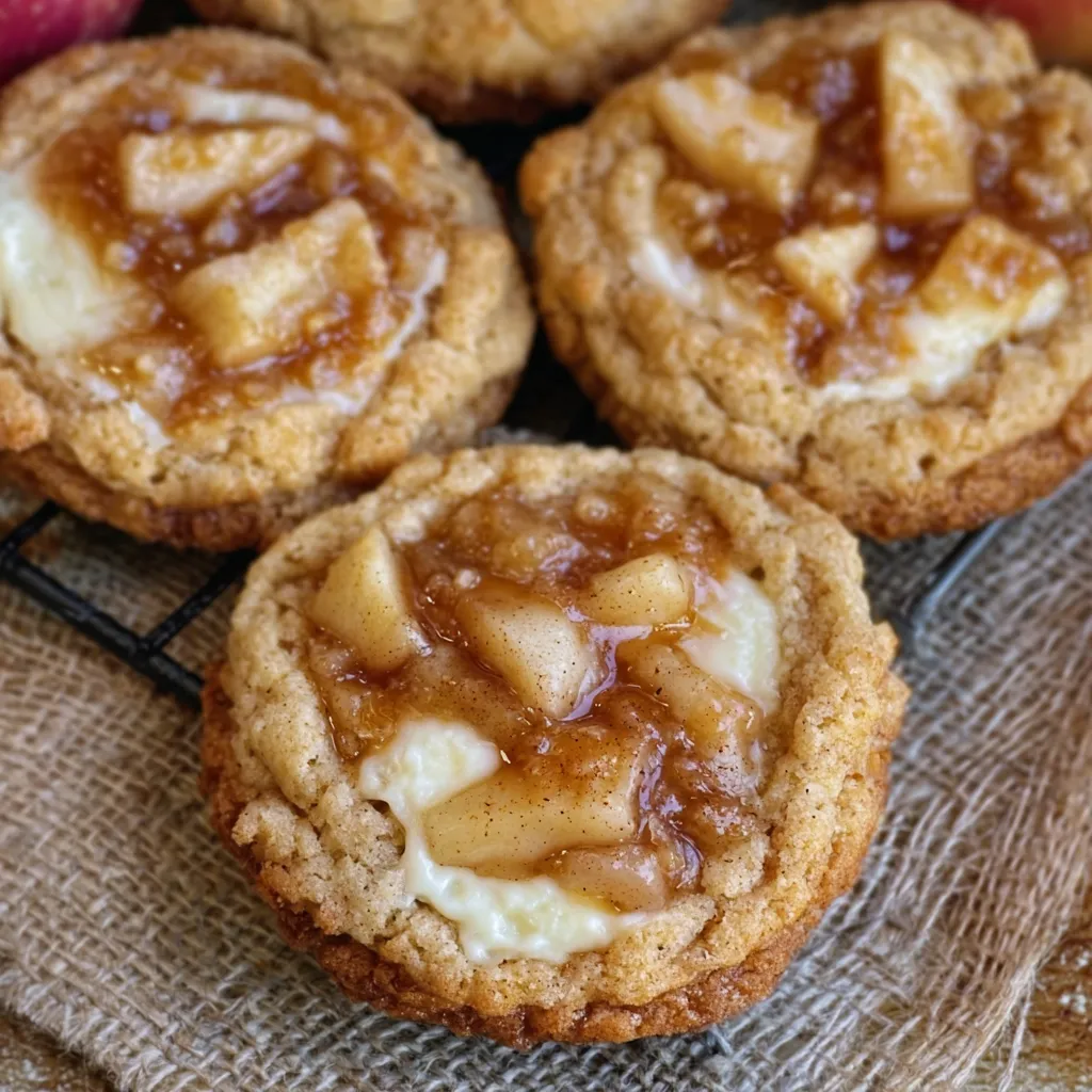 Apple pie cheesecake cookies topped with caramelized apples