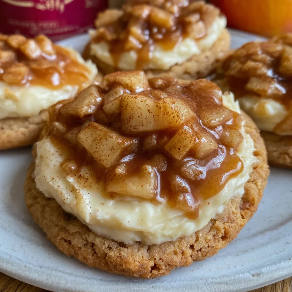Close-up of cookie with gooey apple topping and cream cheese center